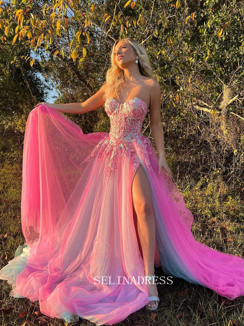 Chic A-line Sweetheart Applique Lace Long Prom Dress Hot Pink Beautifu SELINADRESS Chic A-line Sweetheart Applique Lace Long Prom Dress Hot Pink Beautifu SELINADRESS