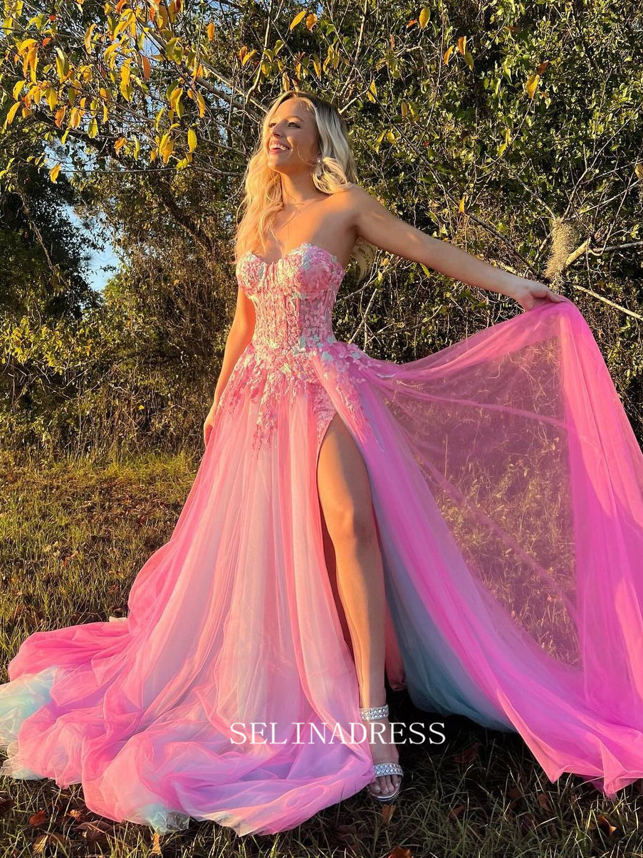 Chic A-line Sweetheart Applique Lace Long Prom Dress Hot Pink Beautifu SELINADRESS Chic A-line Sweetheart Applique Lace Long Prom Dress Hot Pink Beautifu SELINADRESS