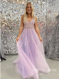 Chic A-line V neck Lavender Sheer Beaded Sparkly Tulle Prom Dresses lpk526|Selinadress