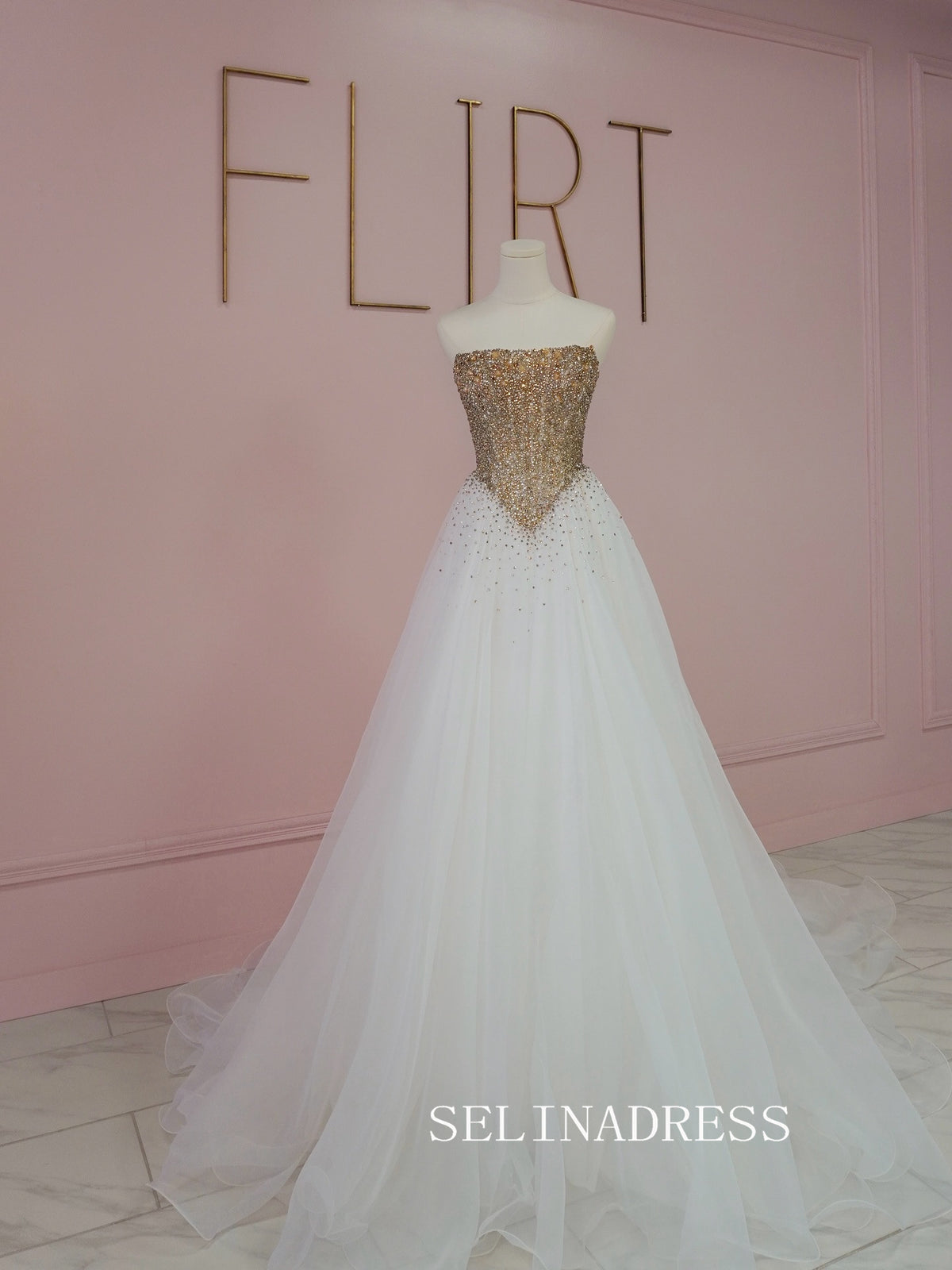 Chic A-line White Long Prom Dresses With Gold Beaded Elegant Formal Ev SELINADRESS Chic A-line White Long Prom Dresses With Gold Beaded Elegant Formal Ev SELINADRESS