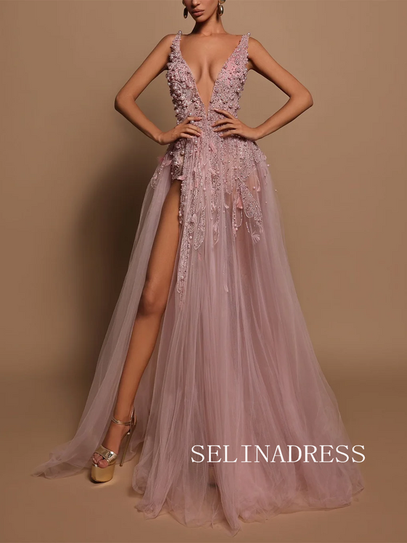 Chic Deep V neck Beaded Prom Dresses Modest Thigh Split Long Evening Dress TKH009|Selinadress