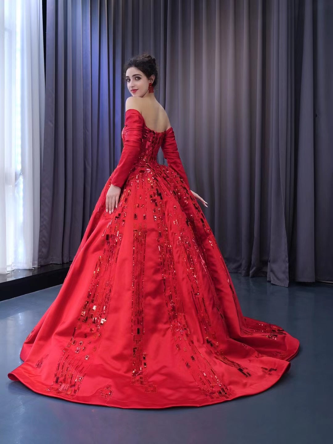 red long sleeve formal dresses Chic Gorgeous Red Ball Gown Formal Gown Long Sleeve Prom Dress Elegant – SELINADRESS