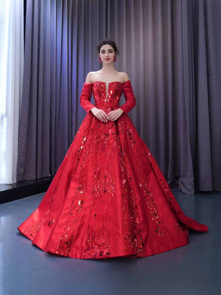 Chic Gorgeous Red Ball Gown Formal Gown Long Sleeve Prom Dress Elegant – SELINADRESS