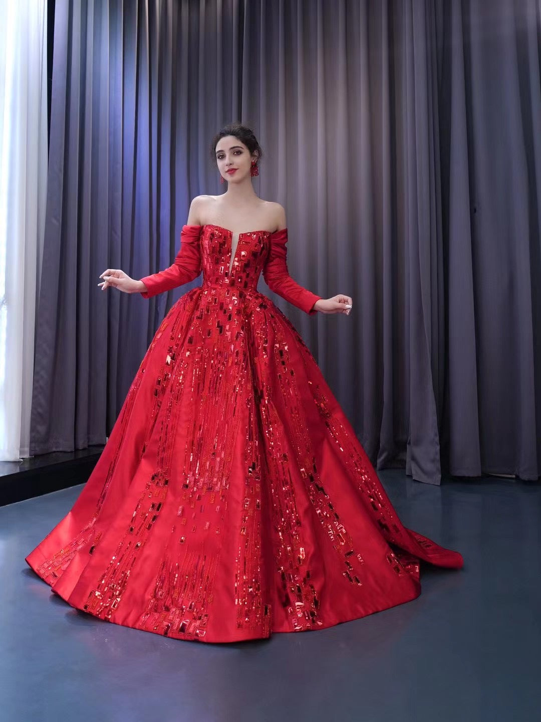 Chic Gorgeous Red Ball Gown Formal Gown Long Sleeve Prom Dress Elegant SELINADRESS Chic Gorgeous Red Ball Gown Formal Gown Long Sleeve Prom Dress Elegant SELINADRESS