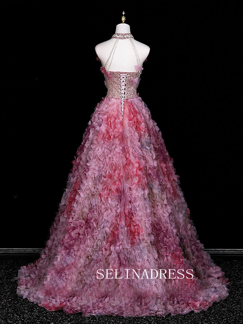 Chic High Neck Pink Prom Dresses With Sequins Rhinestone Evening Dress CRN073|Selinadress