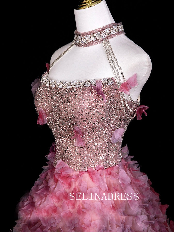 Chic High Neck Pink Prom Dresses With Sequins Rhinestone Evening Dress CRN073|Selinadress