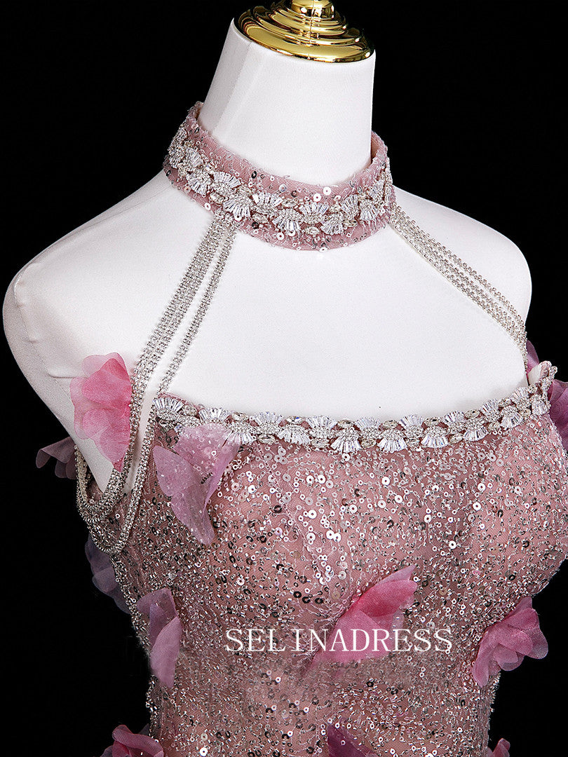 Chic High Neck Pink Prom Dresses With Sequins Rhinestone Evening Dress CRN073|Selinadress