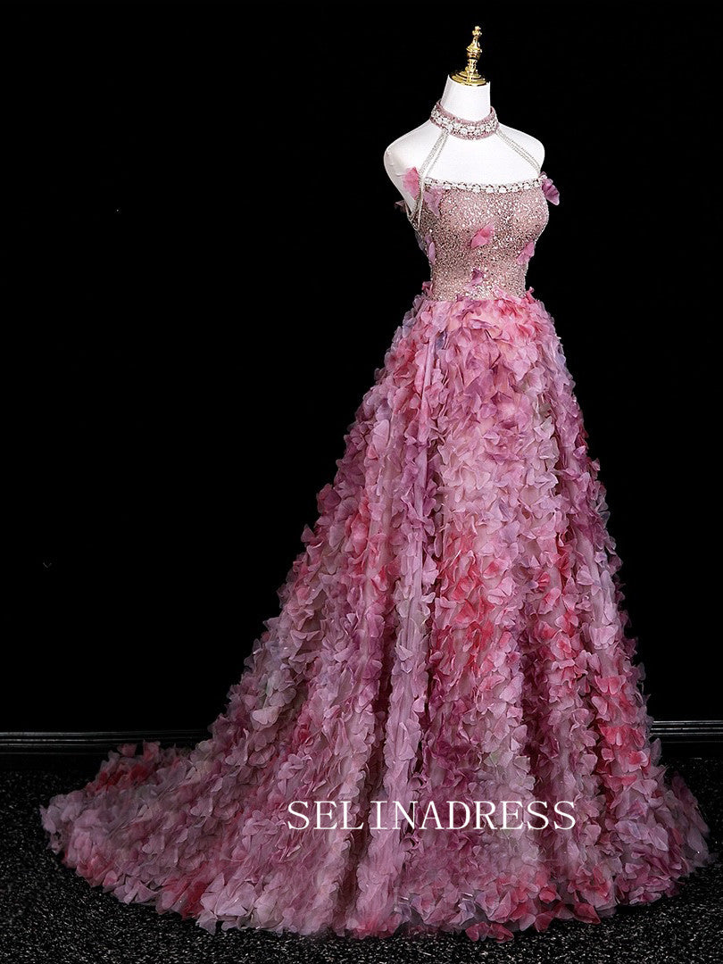 Chic High Neck Pink Prom Dresses With Sequins Rhinestone Evening Dress CRN073|Selinadress