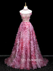 Chic High Neck Pink Prom Dresses With Sequins Rhinestone Evening Dress CRN073|Selinadress