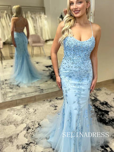 Chic Mermaid Spaghetti Straps Light Sky Blue Prom Dresses Lace Evening Dress lpk524|Selinadress