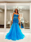 Chic Mermaid Sweetheart Unique Lace Long Prom Dress Blue Evening Gowns MHL2877|Selinadress