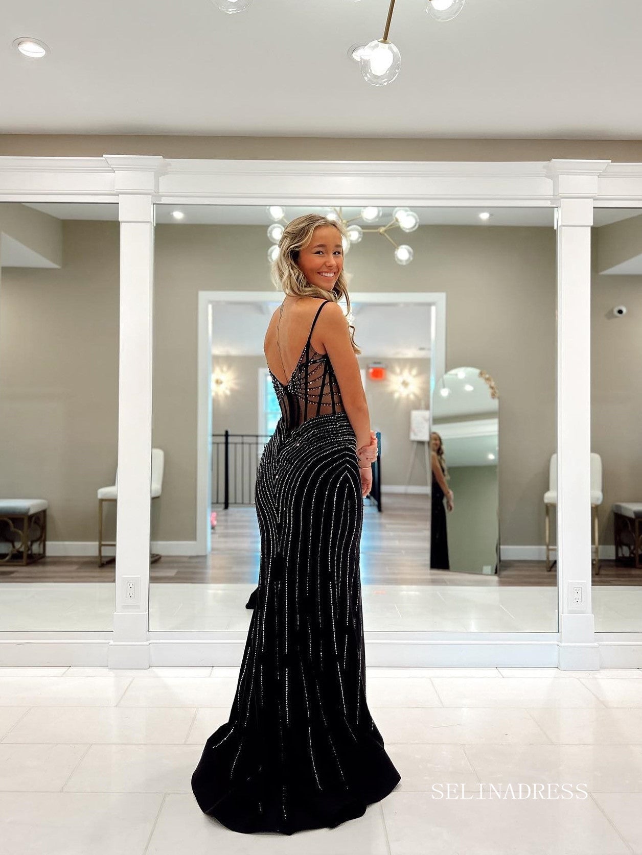 Chic Sheath/Column Spaghetti Straps Black Long Prom Dresses Thigh Spli SELINADRESS Chic Sheath/Column Spaghetti Straps Black Long Prom Dresses Thigh Spli SELINADRESS