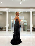 Chic Sheath/Column Spaghetti Straps Black Long Prom Dresses Thigh Split Rhinestone Evening Dress LPK180|Selinadress