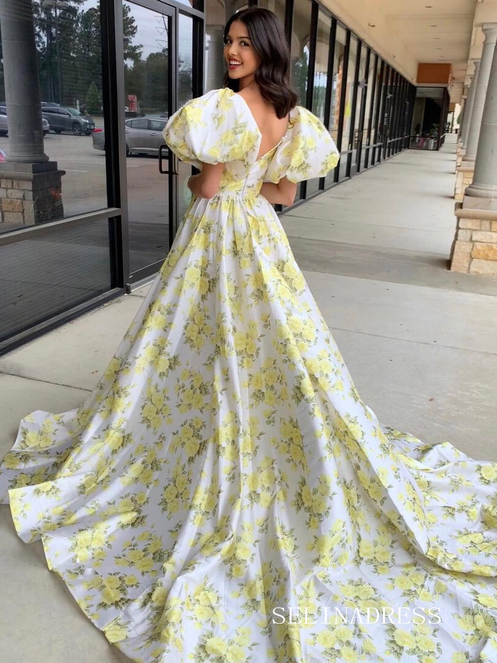 Chic Yellow Floral Long Prom Dresses With Slit Puff Sleeve Evening Dre SELINADRESS Chic Yellow Floral Long Prom Dresses With Slit Puff Sleeve Evening Dre SELINADRESS