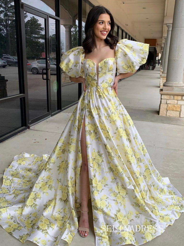Chic Yellow Floral Long Prom Dresses With Slit Puff Sleeve Evening Dre SELINADRESS Chic Yellow Floral Long Prom Dresses With Slit Puff Sleeve Evening Dre SELINADRESS
