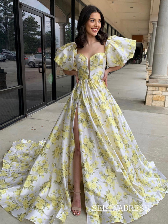 Chic Yellow Floral Long  Prom Dresses With Slit Puff Sleeve Evening Dress sew1005|Selinadress
