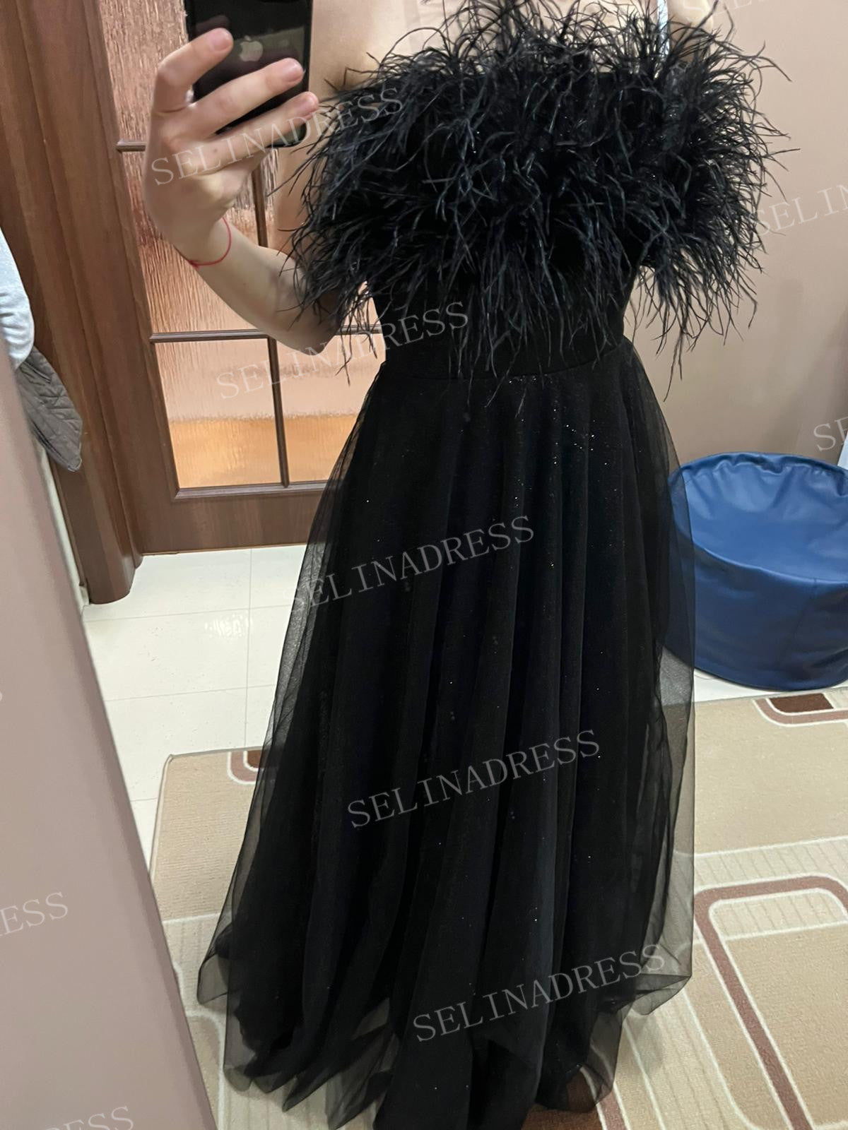 Chic A-line Strapless Black Long Prom Dresses Feather Evening Gowns Pageant Dress TKL061|Selinadress