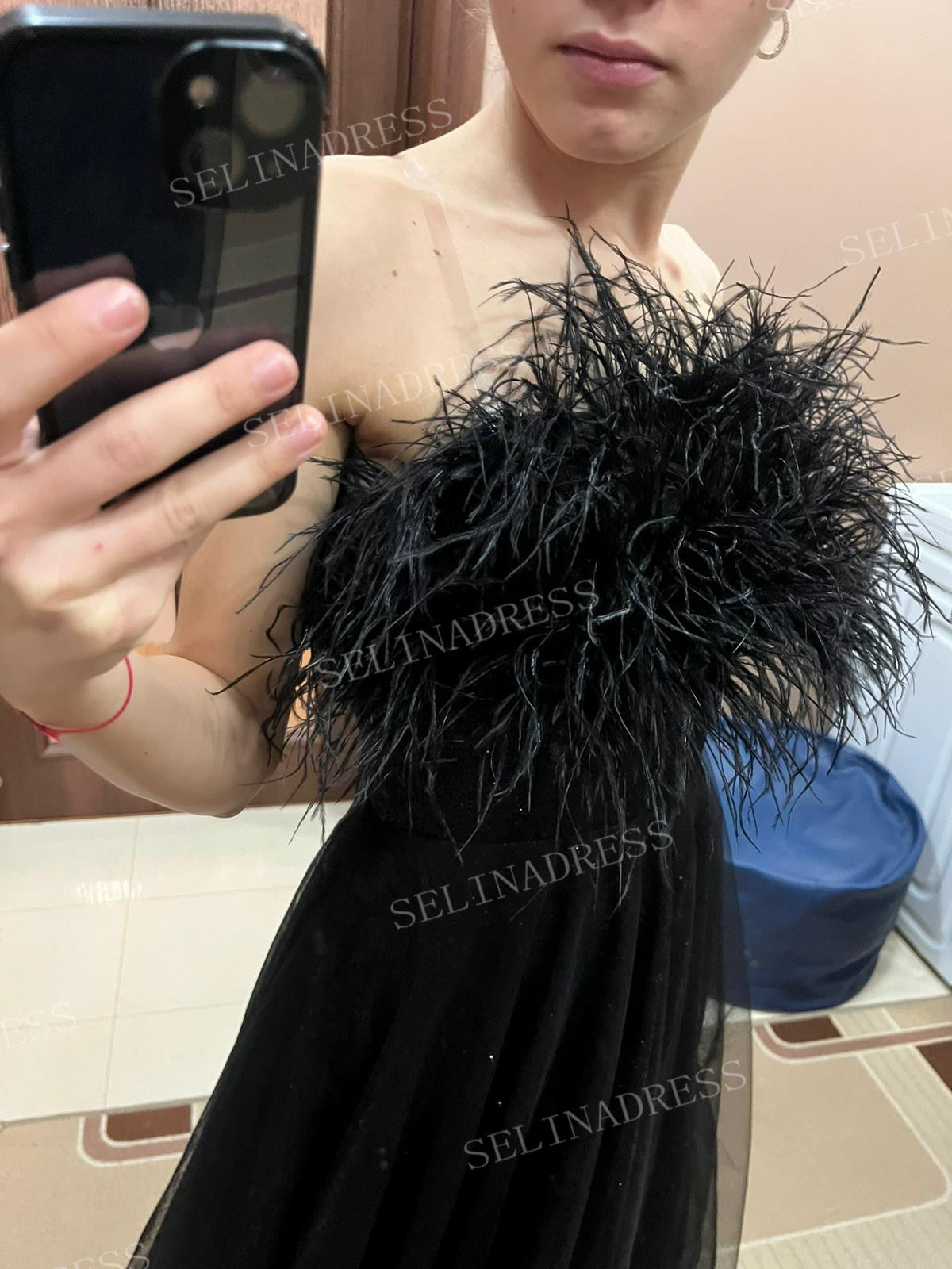 Chic A-line Strapless Black Long Prom Dresses Feather Evening Gowns Pageant Dress TKL061|Selinadress