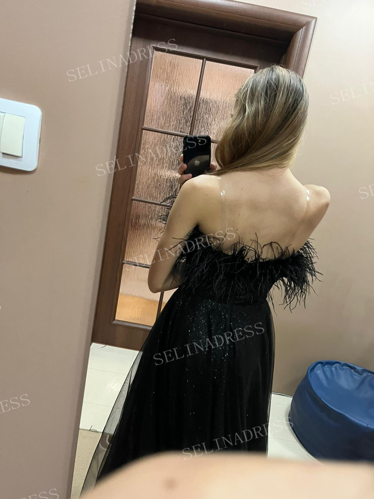 Chic A-line Strapless Black Long Prom Dresses Feather Evening Gowns Pageant Dress TKL061|Selinadress