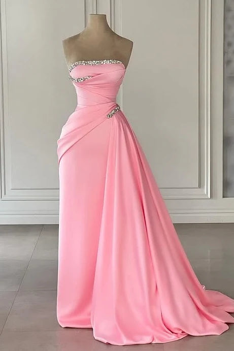 Classic Satin Beaded Strapless Empire Party Prom Dress With Train lck025|Selinadress