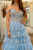 Cute A-line Off-the-shoulder Silver Lace Tulle Layered Long Prom Dresses lpk509|Selinadress