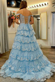 Cute A-line Off-the-shoulder Silver Lace Tulle Layered Long Prom Dresses lpk509
