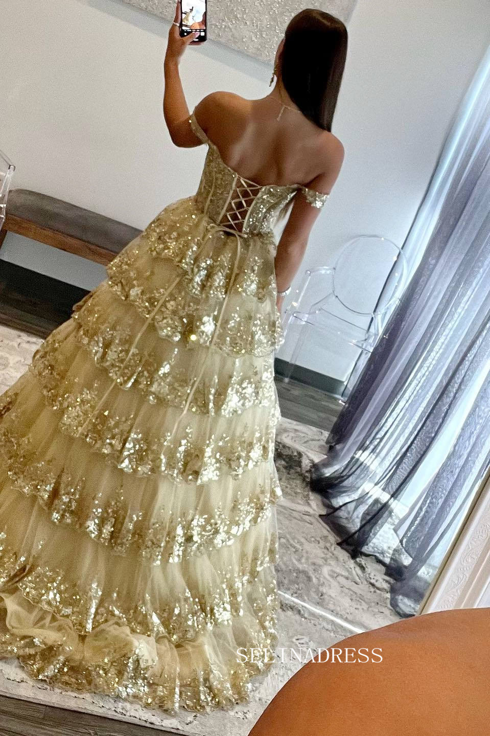 Cute A-line Off-the-shoulder Silver Lace Tulle Layered Long Prom Dress SELINADRESS Cute A-line Off-the-shoulder Silver Lace Tulle Layered Long Prom Dress SELINADRESS
