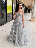 Cute A-line Off-the-shoulder Silver Lace Tulle Layered Long Prom Dresses lpk509|Selinadress