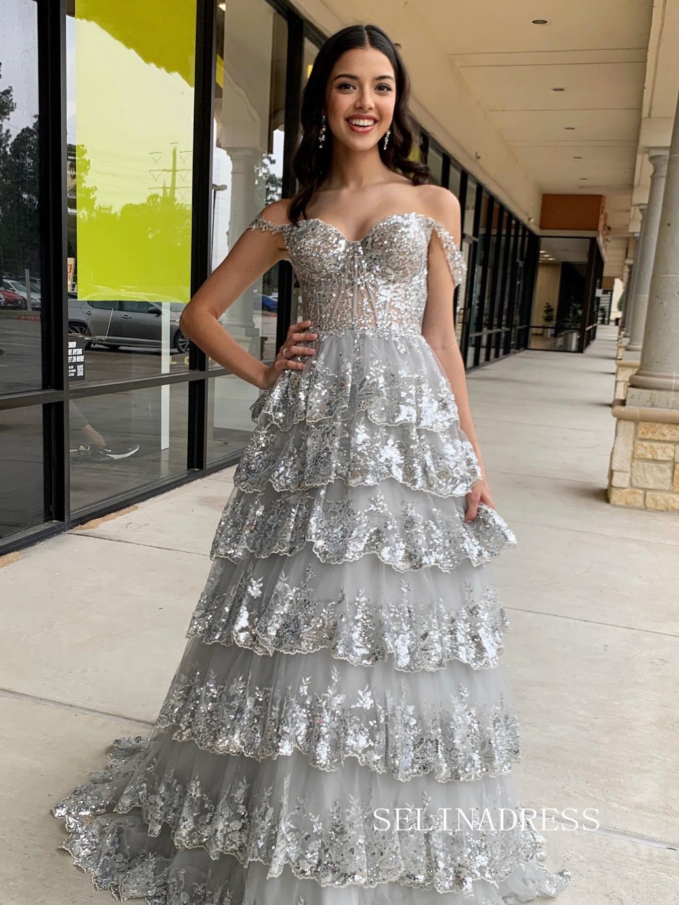 Cute A-line Off-the-shoulder Silver Lace Tulle Layered Long Prom Dress SELINADRESS Cute A-line Off-the-shoulder Silver Lace Tulle Layered Long Prom Dress SELINADRESS