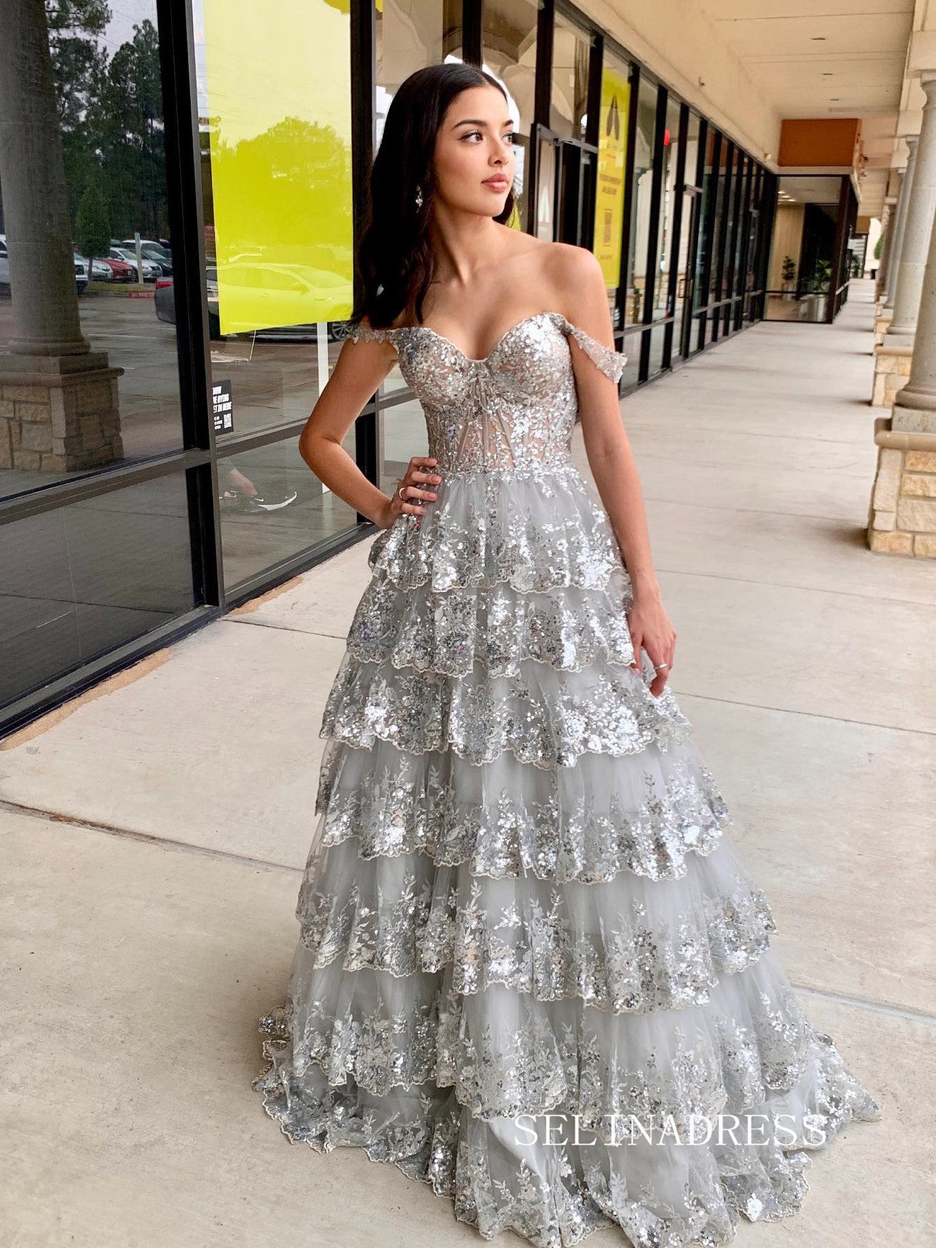 Cute A-line Off-the-shoulder Silver Lace Tulle Layered Long Prom Dress SELINADRESS Cute A-line Off-the-shoulder Silver Lace Tulle Layered Long Prom Dress SELINADRESS