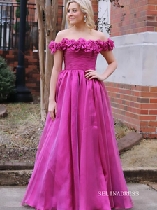 Cute A-line Off-the-shoulder Tulle Magenta Long Prom Dress lpk570|Selinadress