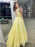 Cute A-line V neck Daffodil Tulle Long Prom Dresses With Silt lpk529|Selinadress