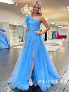 Cute A Line One Shoulder Blue Tulle Prom Dress with Appliques lpk531|Selinadress