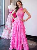 Cute A Line Pink Chiffon Tiered Halter Prom Dress with Appliques lpk527|Selinadress