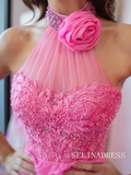 Cute A Line Pink Chiffon Tiered Halter Prom Dress with Appliques lpk527|Selinadress