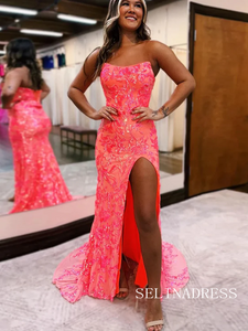 Cute Mermaid Strapless Coral Sequins Long Prom Dress with Slit lpk538|Selinadress