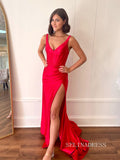 Cute Mermaid V neck Red Satin Long Prom Dress With Silt lpk552|Selinadress