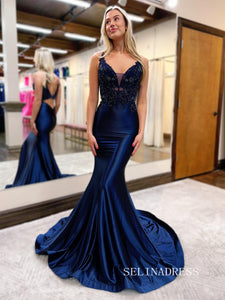 Cute Spaghetti Straps Mermaid Beaded Long Prom Dress Dark Navy Evening Dresses lpk553|Selinadress