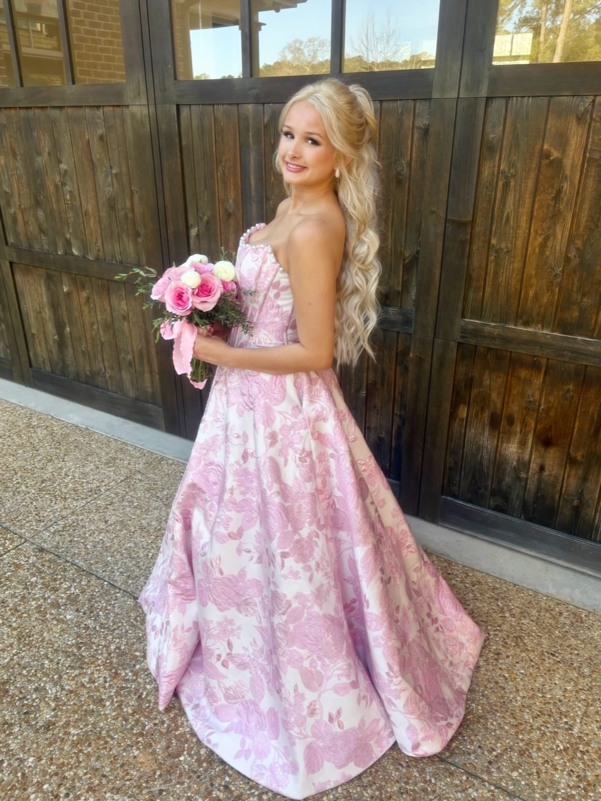 A-Line Empire-Waist Pink Strapless Long Prom Dress with Pearls lpk250|Selinadress