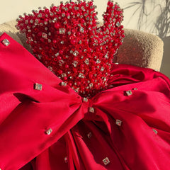 Red Strapless Short Prom Dress Homecoming Dress With Rhinestone&Bow # TKL680