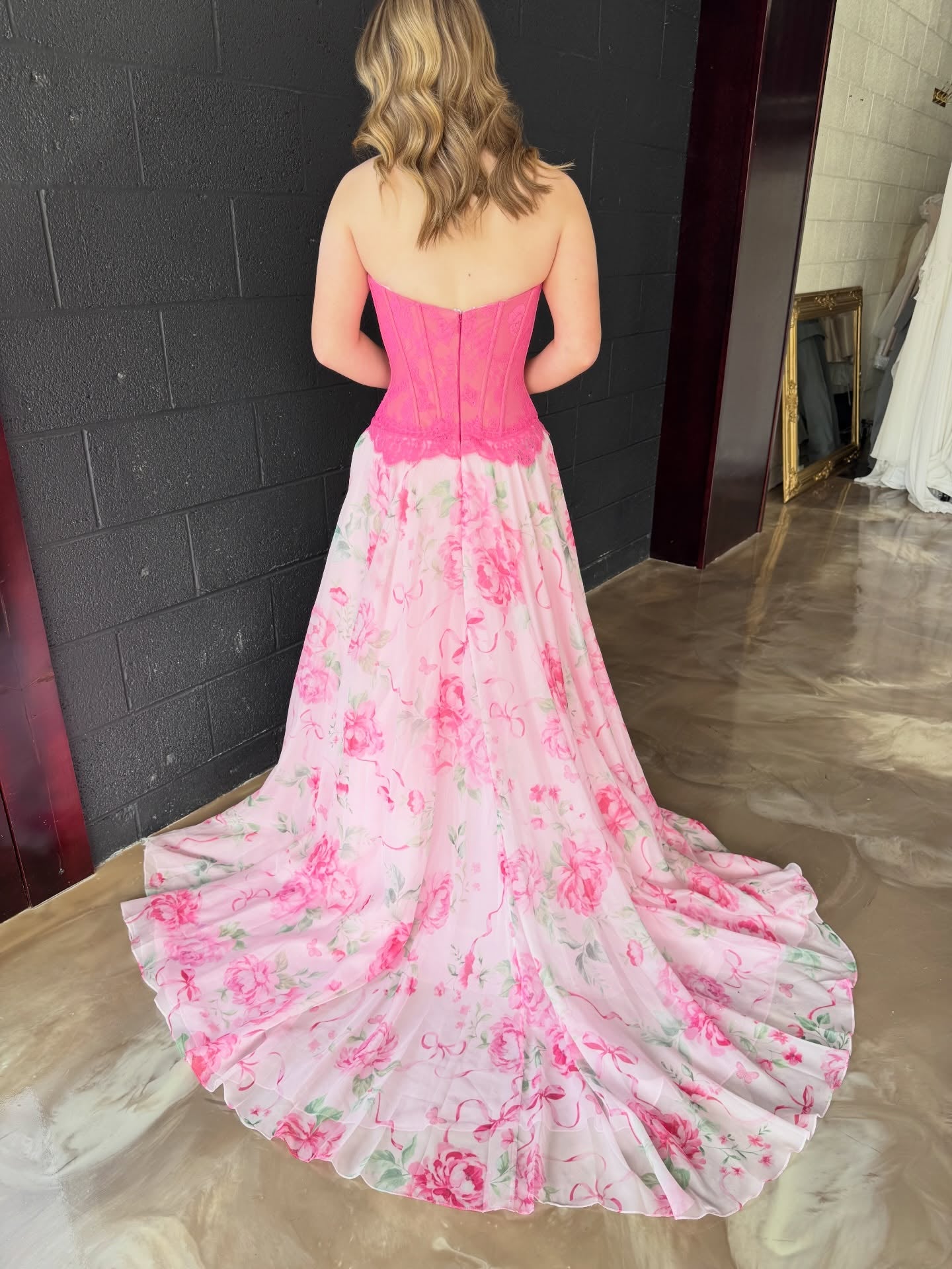 Pink Print A-line Strapless Long Prom Dresses With Lace Floral Evening Dresses SKL005｜Selinadress