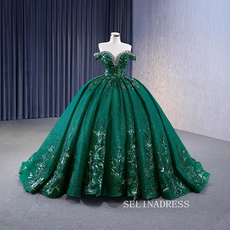 Dark Green Sequins Sweet 16 Ball Gown Wedding Dress Beaded Quinceanera – SELINADRESS