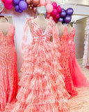 Deep V-Neck A-line Tie Straps Floral Print Layered Long Prom Dresses lpk811|Selinadress