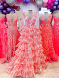 Deep V-Neck A-line Tie Straps Floral Print Layered Long Prom Dresses lpk811|Selinadress