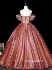 Dreamy Rose Gold Sequins Appliques Prom Dresses Off-The-Shoulder Short Sleeve Ball Gown LET012|Selinadress