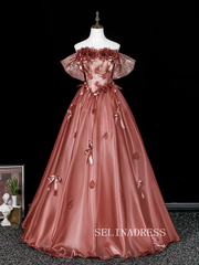 Dreamy Rose Gold Sequins Appliques Prom Dresses Off-The-Shoulder Short Sleeve Ball Gown LET012|Selinadress