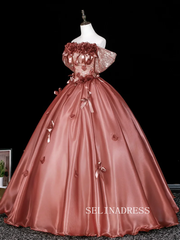 Dreamy Rose Gold Sequins Appliques Prom Dresses Off-The-Shoulder Short Sleeve Ball Gown LET012|Selinadress