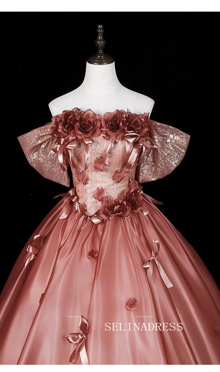 Dreamy Rose Gold Sequins Appliques Prom Dresses Off-The-Shoulder Short Sleeve Ball Gown LET012|Selinadress