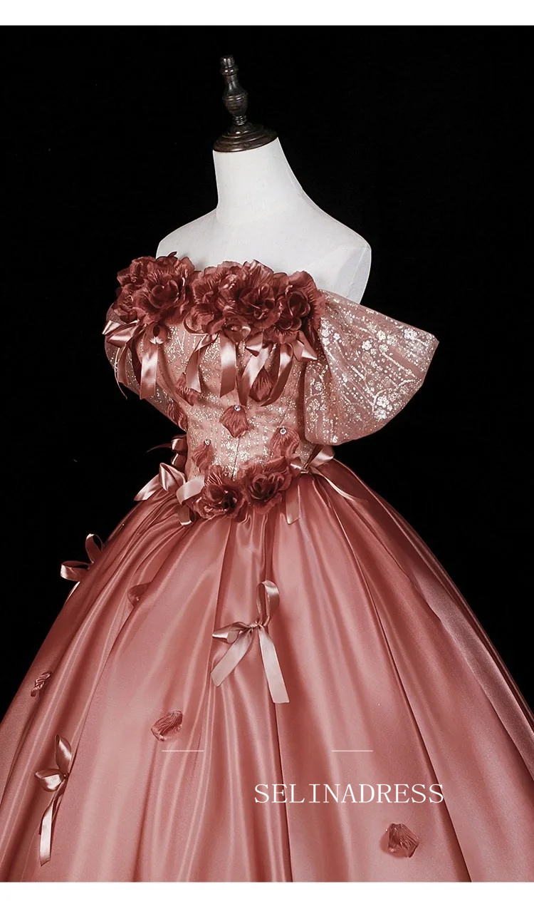 Dreamy Rose Gold Sequins Appliques Prom Dresses Off-The-Shoulder Short Sleeve Ball Gown LET012|Selinadress