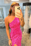 Glitters One Shoulder Hot Pink Sequins Mermaid Prom Dress EWQ002|Selinadress